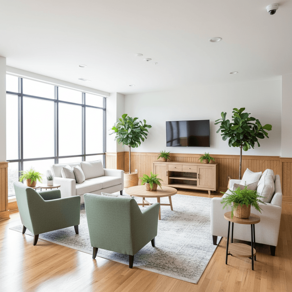 Common area with comfortable seating and security measures