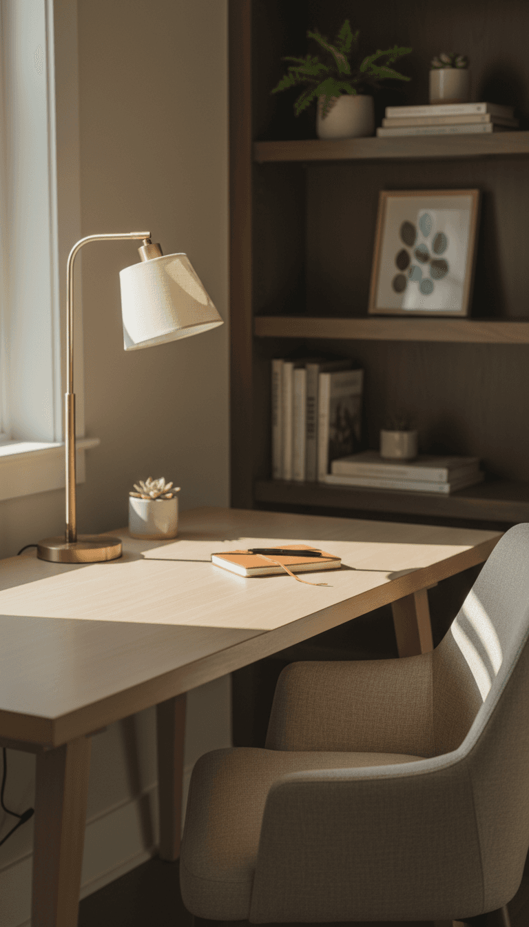 Organized study desk with lamp and seating in furnished room
