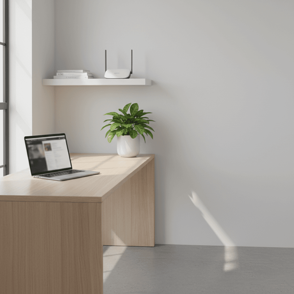 Study area with WiFi router and modern desk setup