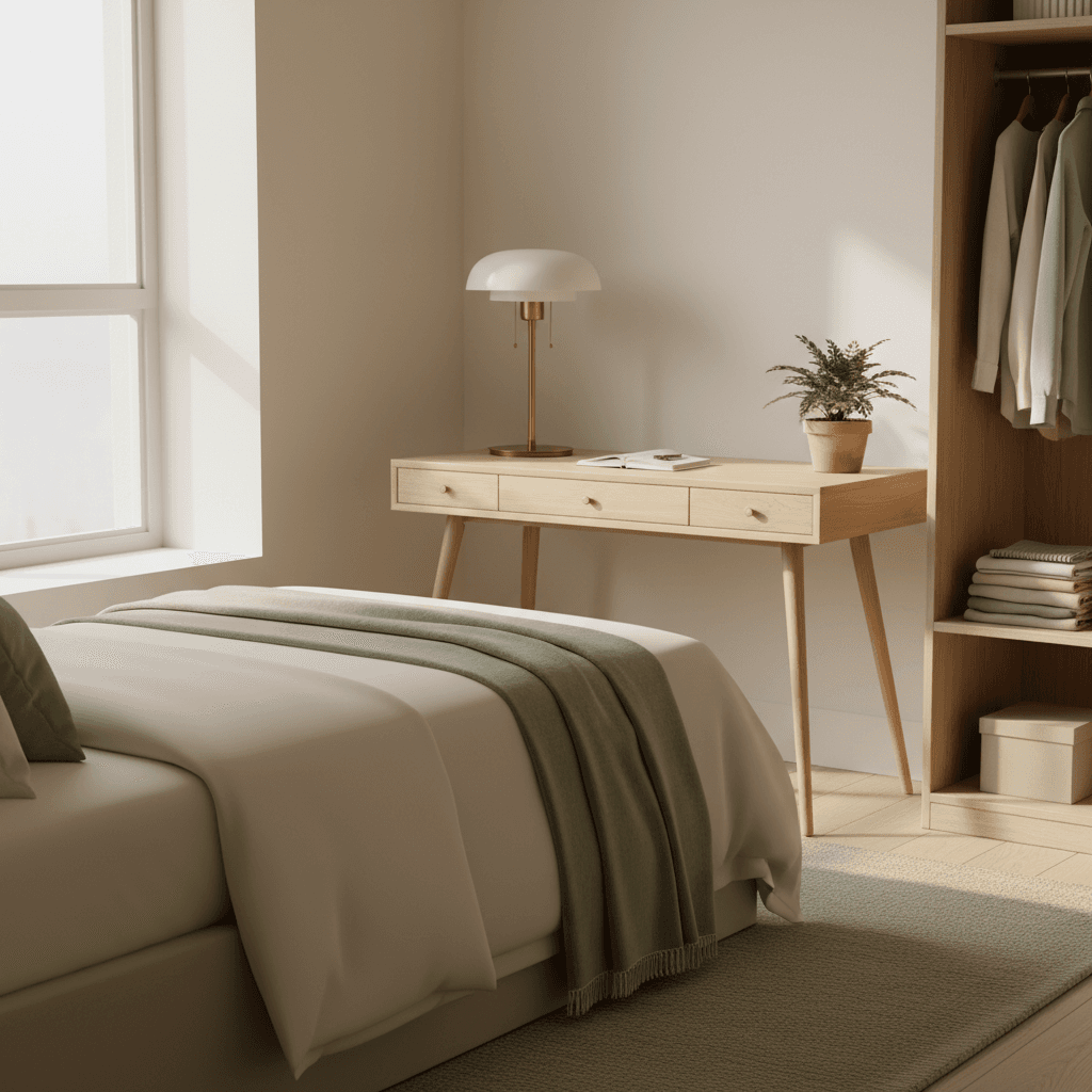 Fully furnished bedroom with bed, desk, and wardrobe