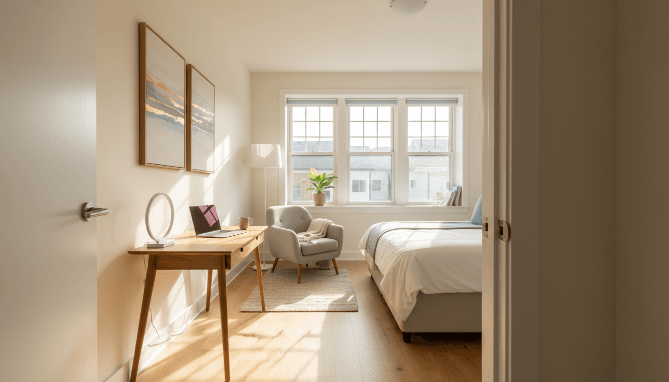 Bright, clean furnished bedroom at JJ Living PG in Nagasandra with natural light and modern furnishings