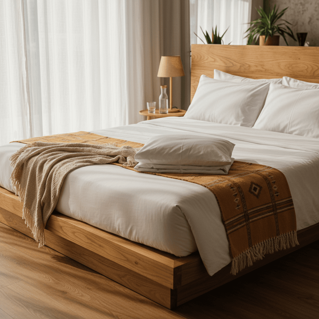 Neatly made bed with fresh white linens in a bright, welcoming room with morning light